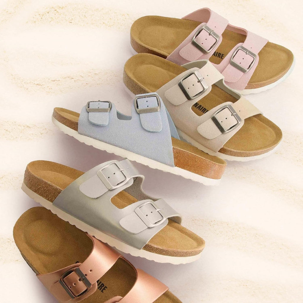 CUSHIONAIRE Lane Cork Footbed Sandals for Women – Comfortable Double Buckle Slip-On with Genuine Suede Footbed & Arch Support Slides for Women Footwear