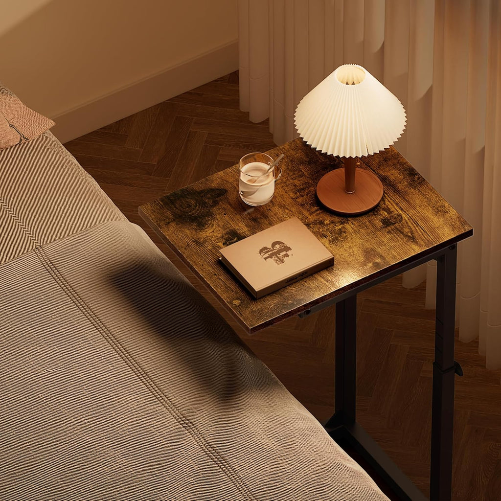 Vagusicc C Shaped End Table, 33" Tall Couch Table Adjustable Height Side Table, Sofa Table That Slide Under, C Table End Table TV Tray Coffee Arm Table for Living Room, Bedroom, Small Spaces, Brown