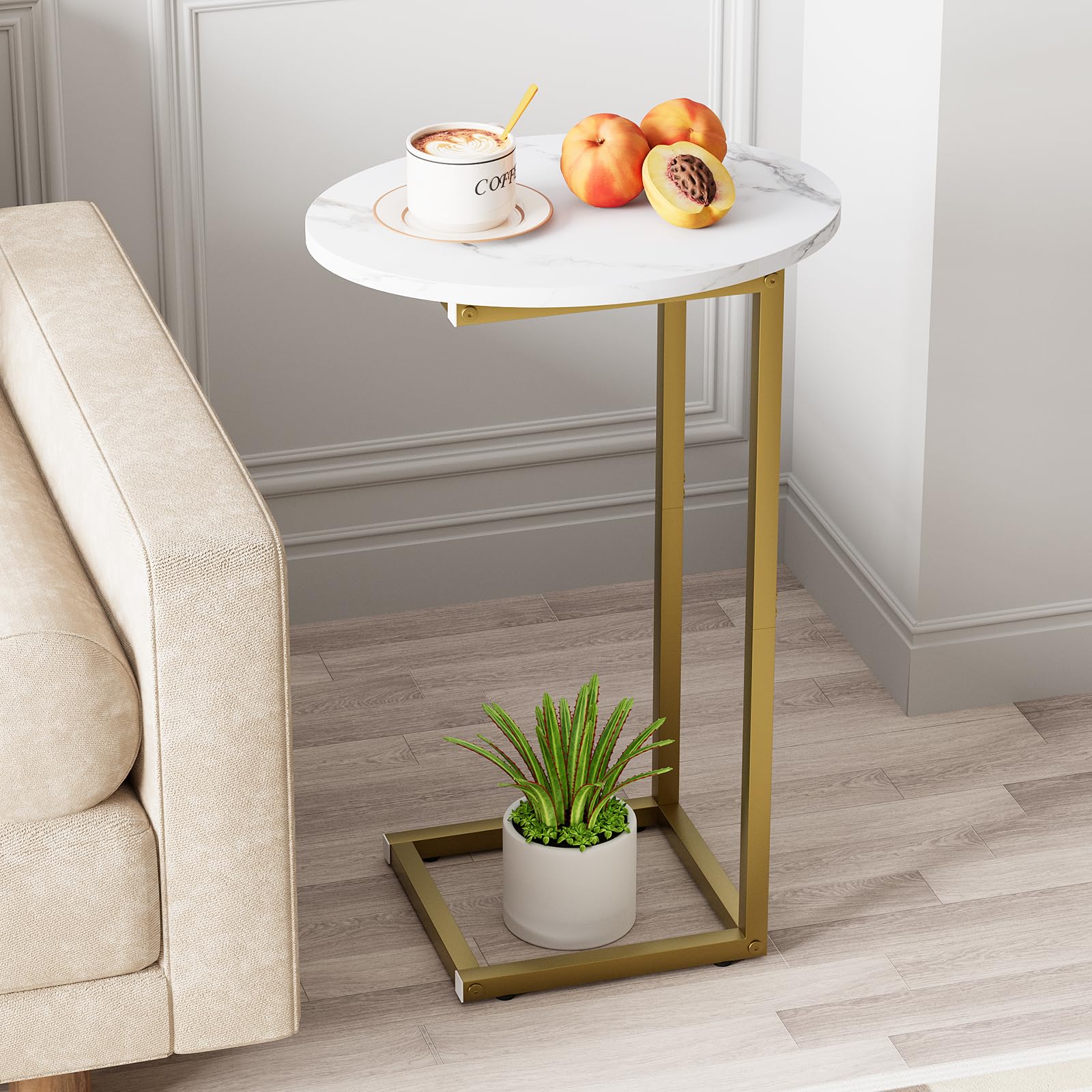 C Shaped end Table,Wood Round Side Table for Couch,Small Sofa Table with Metal Frame for Bedroom,Living Room,Bedside,Gold Color(11.81" D x 11.81" W x 23.62" H)