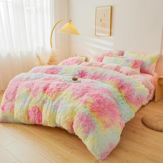 Fluffy Pink Faux Fur Comforter Cover Set，Fluffy Fuzzy Plush Pink Bedding 3Pcs (1 Faux Fur Duvet Cover +2 Fuzzy Pillowcases) Pink Fluffy Bed Set (Pink, Queen)