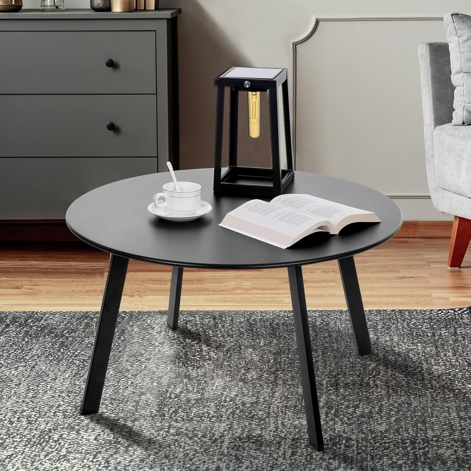 Patio Coffee Table - Metal Steel Outdoor Round Table Weather Resistant Anti-Rust Outdoor Table (Black)