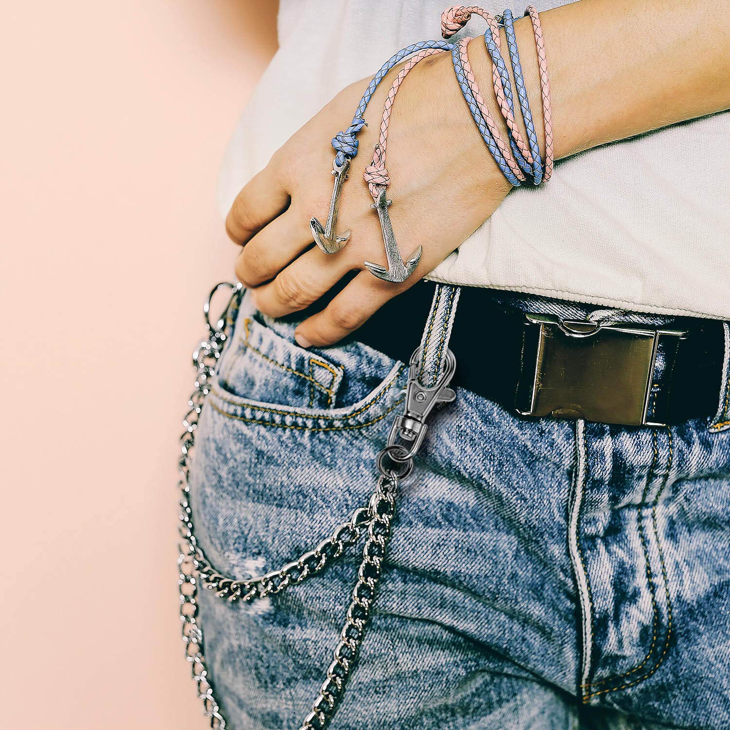 anezus 2Pcs Chain Belt Set, Wallet Chain, Pants Chain, Pocket Chain with Keyring for Pants Belt Jeans Wallets and keys (16” & 20”) - Grand Goldman