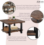 Pomona 27-Inch Rustic Square Coffee Table – Solid Pine Wood with Natural Weathered Finish and Industrial Metal Legs – Small Space Living Room Accent by Alaterre Furniture