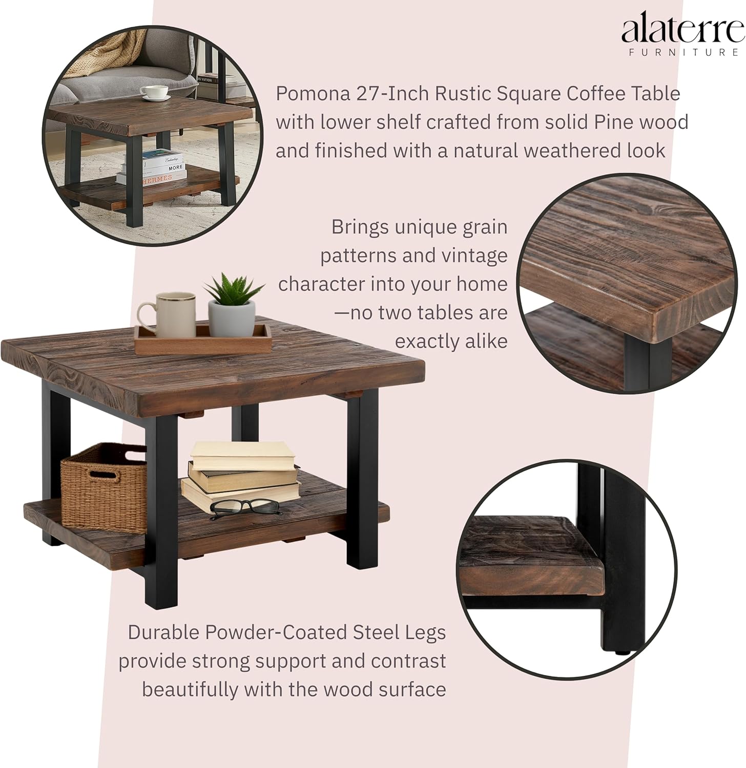 Pomona 27-Inch Rustic Square Coffee Table – Solid Pine Wood with Natural Weathered Finish and Industrial Metal Legs – Small Space Living Room Accent by Alaterre Furniture