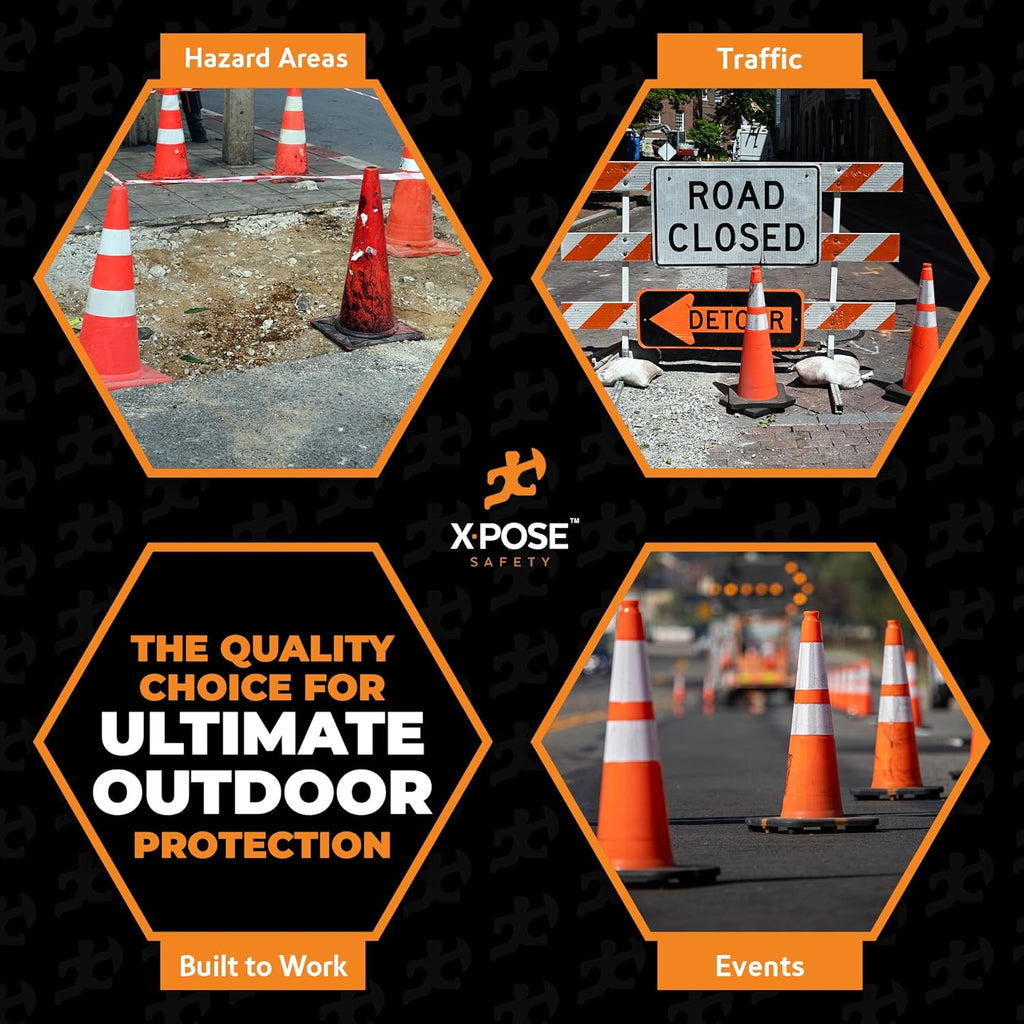 Xpose Safety 28 Inch Orange Slim Line Traffic Cones with 6" & 4" Collars, 24 Pack Multipurpose PVC Plastic Safety Cone for Parking, Soccer, Caution, Kids & Construction - DOT Approved