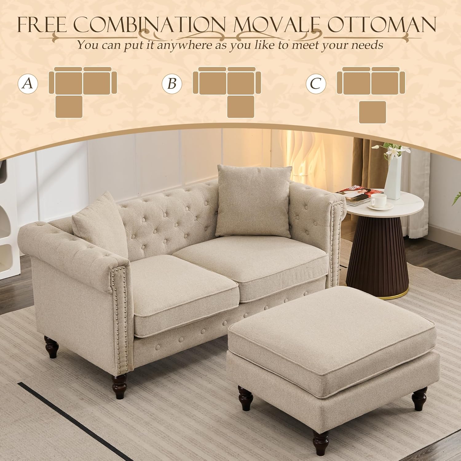 Mid-Century Modern Chesterfield Sofa with Ottoman, Linen Loveseat Classical Retro 2 Seater Couch Tufted Deep Seat Sofa Pet Friendly Sofa Victorian Couch for Living Room (Grey)