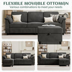 Vongrasig 79" Convertible Sectional Couch Sofa with Storage Ottoman, 3 Seat L Shaped Couch with Side Storage Pockage, Linen Fabric Small Couches for Living Room, Apartment and Small Space, Black