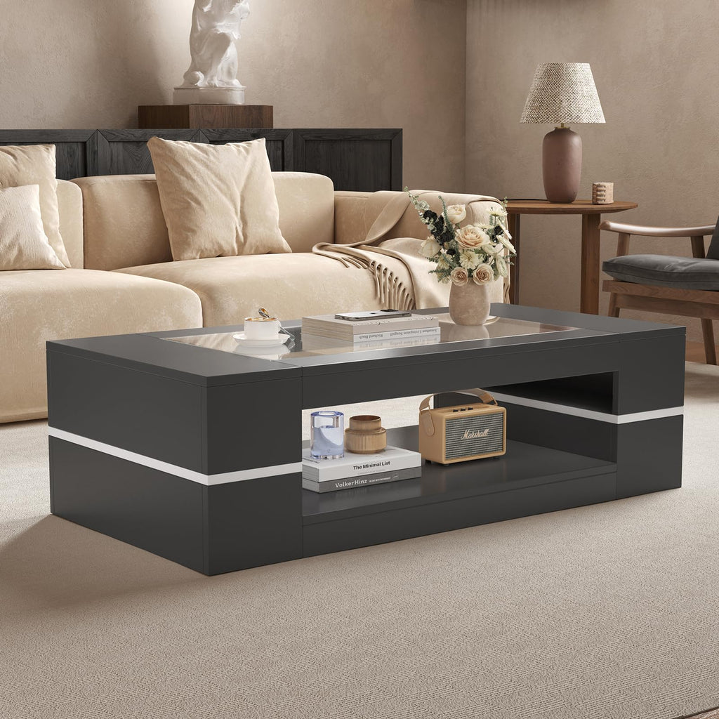 47.2" Modern Stylish Coffee Table with Glass Table Top, Large Living Room Table Rectangular 2-Tier Center Tables with Storage, Wooden Tea Tables for Dining Reception Room, White