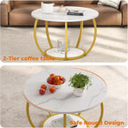 GreenForest Round Coffee Table with Storage, 27.6 inch Small Living Room Tables with Adjustable Feet, 2-Tier Farmhouse Center Table for Home Office, Marble