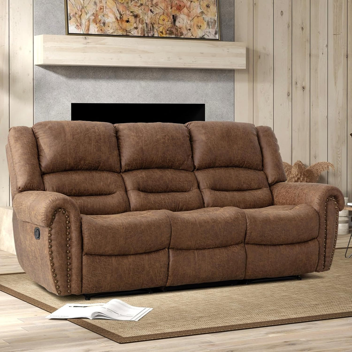 Faux Leather Reclining Sofa, 3 Seater Recliner Sofa Chair, Manual Reclining Couch Set for Living Room, Home Furniture Set, for Meeting Room, Brown (3 Seat Sofa)