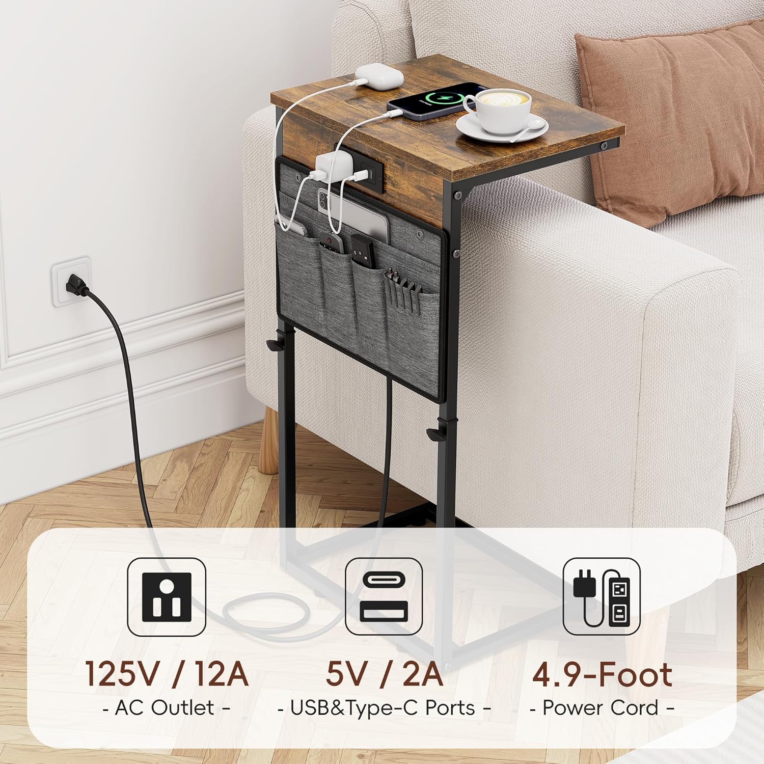 Vagusicc C Shaped End Table with Charging Station, 33" Tall Side Table for Couch, Sofa Table Adjustable Height Small Couch Side C Table, Slide Under Sofa Tray Arm Table for Living Room, Bedroom, Brown