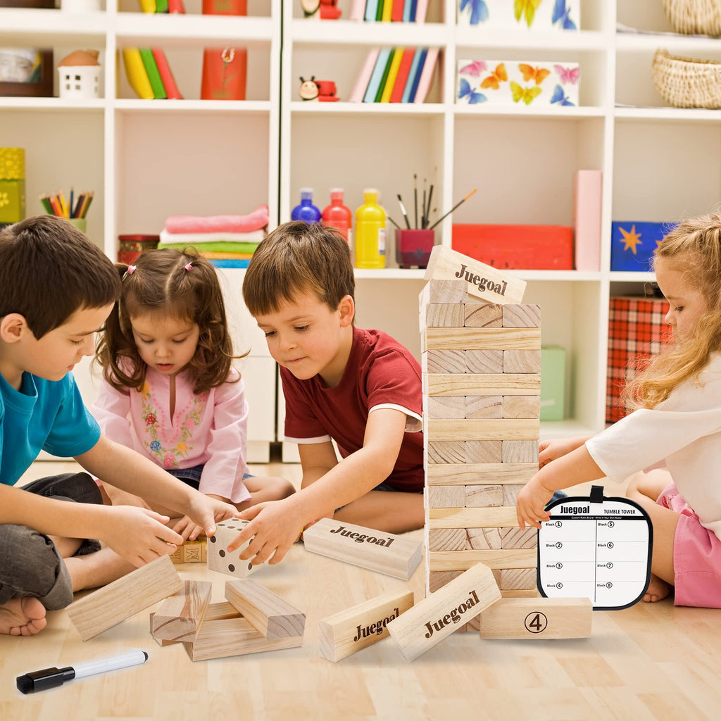 Jogo Juegoal 54 Peças Torre Gigante de Blocos de Queda Jogo Gigante de Empilhamento de Madeira com 1 Dado Conjunto Bolsa de Lona para Adultos, Crianças, Família