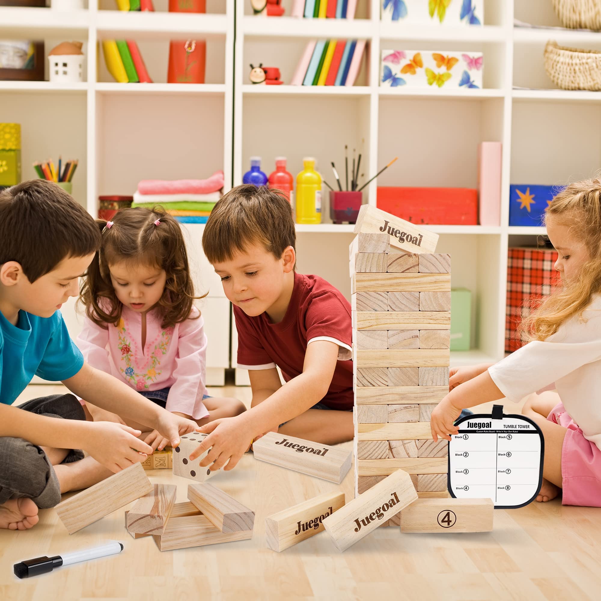 Jogo Juegoal 54 Peças Torre Gigante de Blocos de Queda Jogo Gigante de Empilhamento de Madeira com 1 Dado Conjunto Bolsa de Lona para Adultos, Crianças, Família