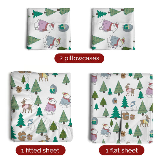 Queen Christmas Tree Sheet Set - Holiday Xmas Pattern Linen Set - Deep Pockets - Snug Fit - 4 Piece - Wrinkle Free - Comfy & Cooling Festive Winter Bedding - Easy To Care For - Kid Friendly