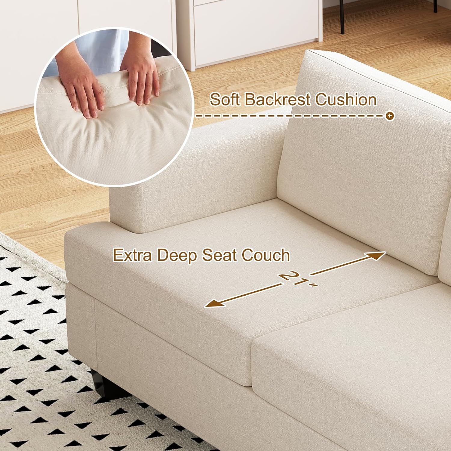 Furnimart Deep Seat Sectional Sofa Set, Modern 3 Seater Couch and Loveseat Sets, Cream Couches Set of 2 for Living Room, Comfy Fluffy Couch with Removable Sofa Cover, Beige Linen