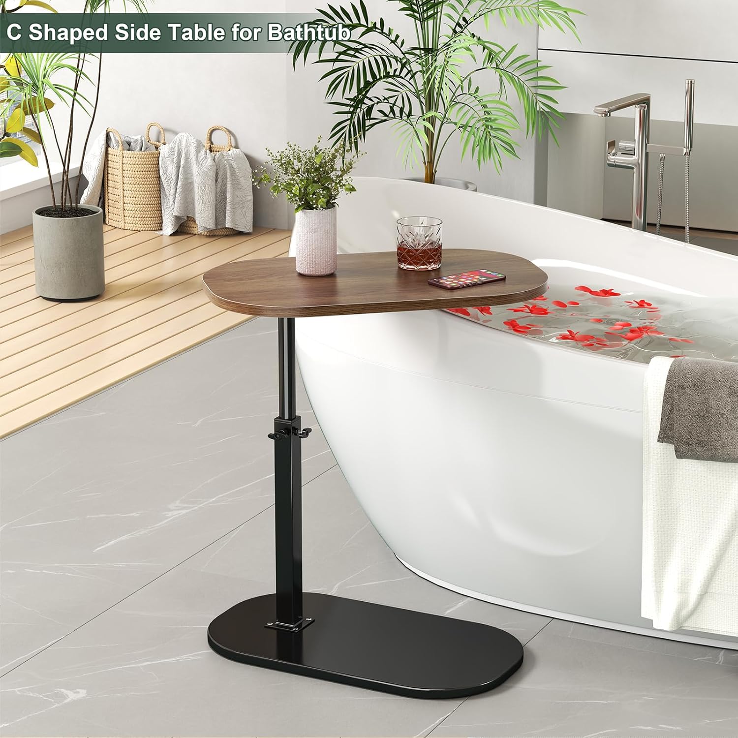 C Shaped Side Table, Adjustable Height C Shaped End Table, 360°Swivel Couch Side Tables That Slide Under, Modern Small Coffee C Table End Table for Sofa/Bed/Bathtub, Rotating Tabletop (Walnut)