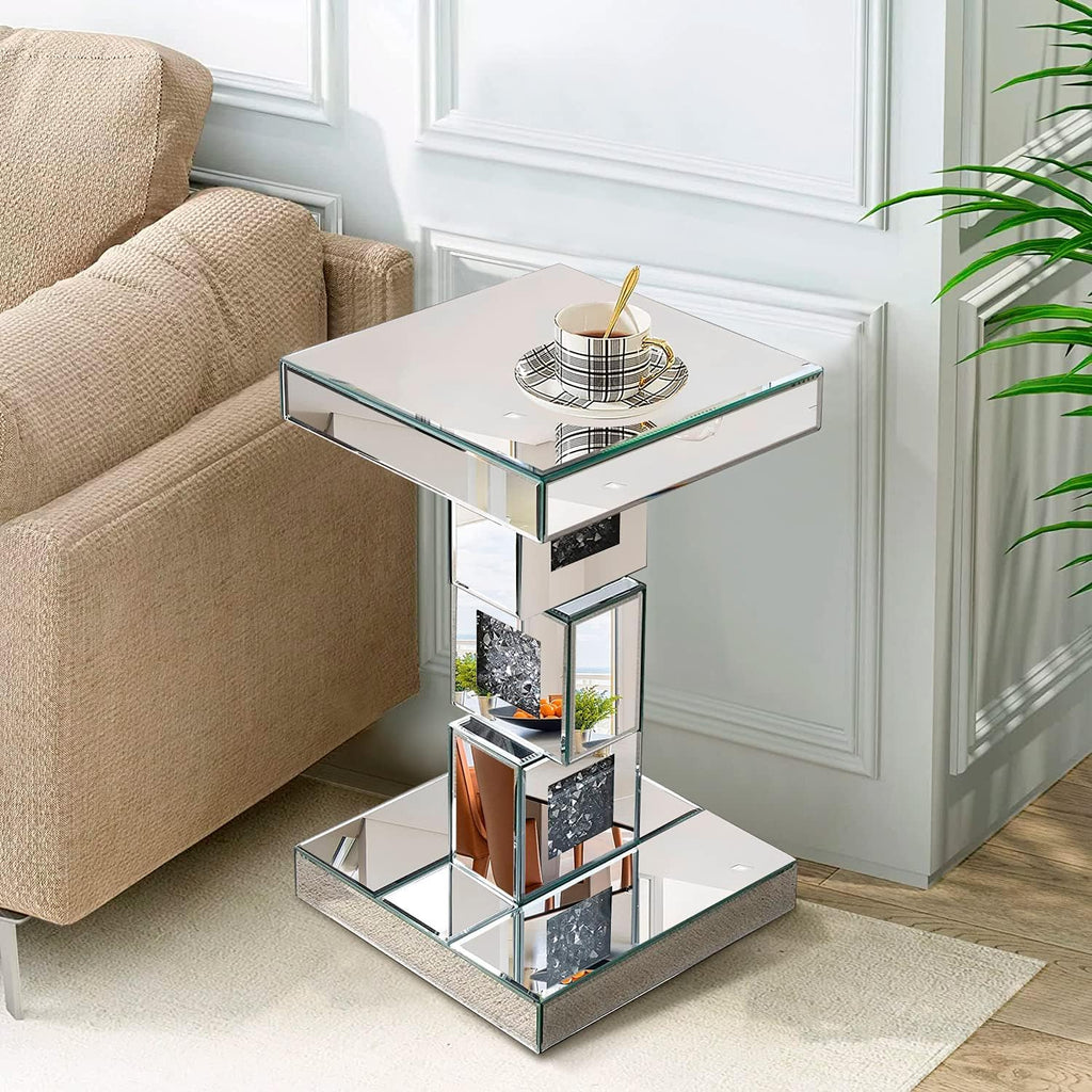 Silver Mirrored End Table With Crystal Inlay, Modern Side Table Accent Table, Square Small Coffee Table for Living Room, Bedroom