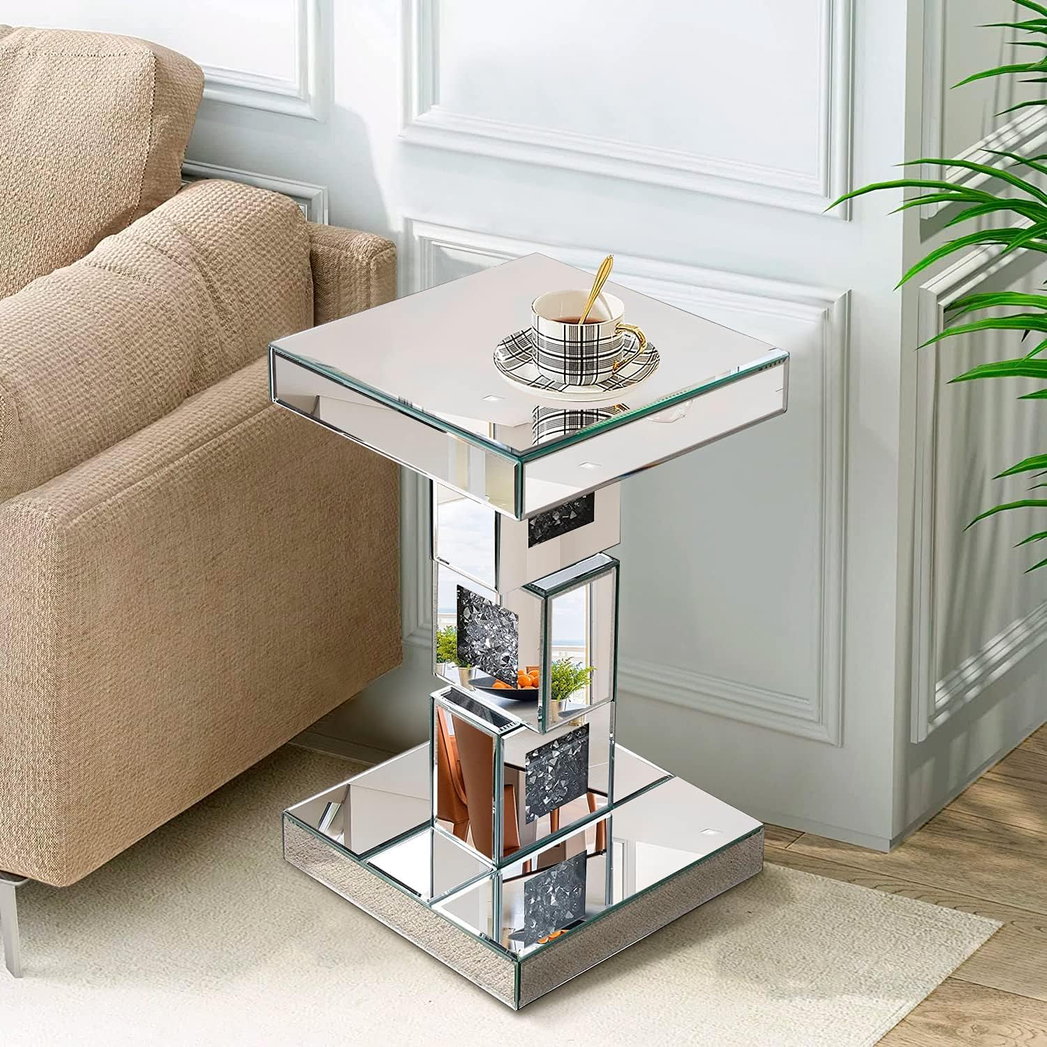 Silver Mirrored End Table With Crystal Inlay, Modern Side Table Accent Table, Square Small Coffee Table for Living Room, Bedroom