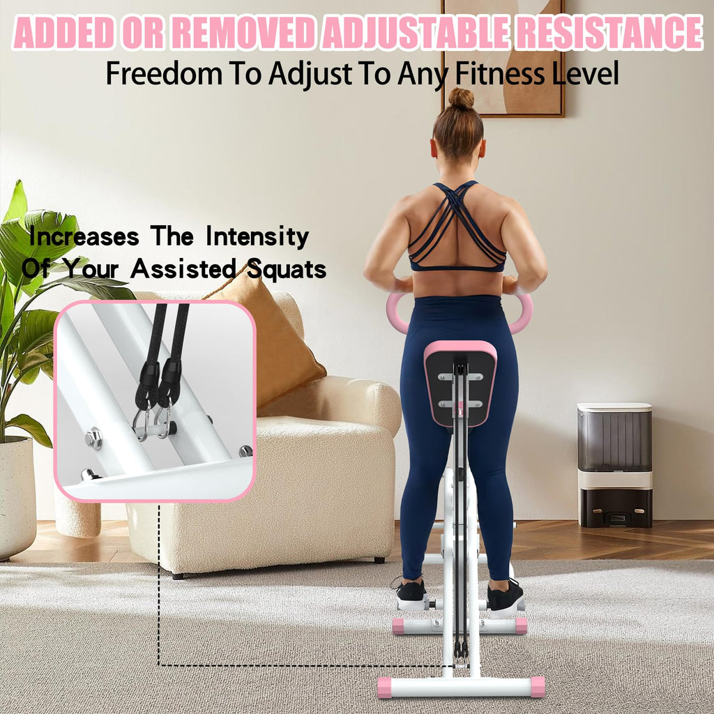 Squat Machine for Home, Row-N-Ride Squat Assist Trainer for Glutes Ab Back Legs Home Workout Machine with Adjustable Resistance for Full-Body Fitness Exercise(Pink)