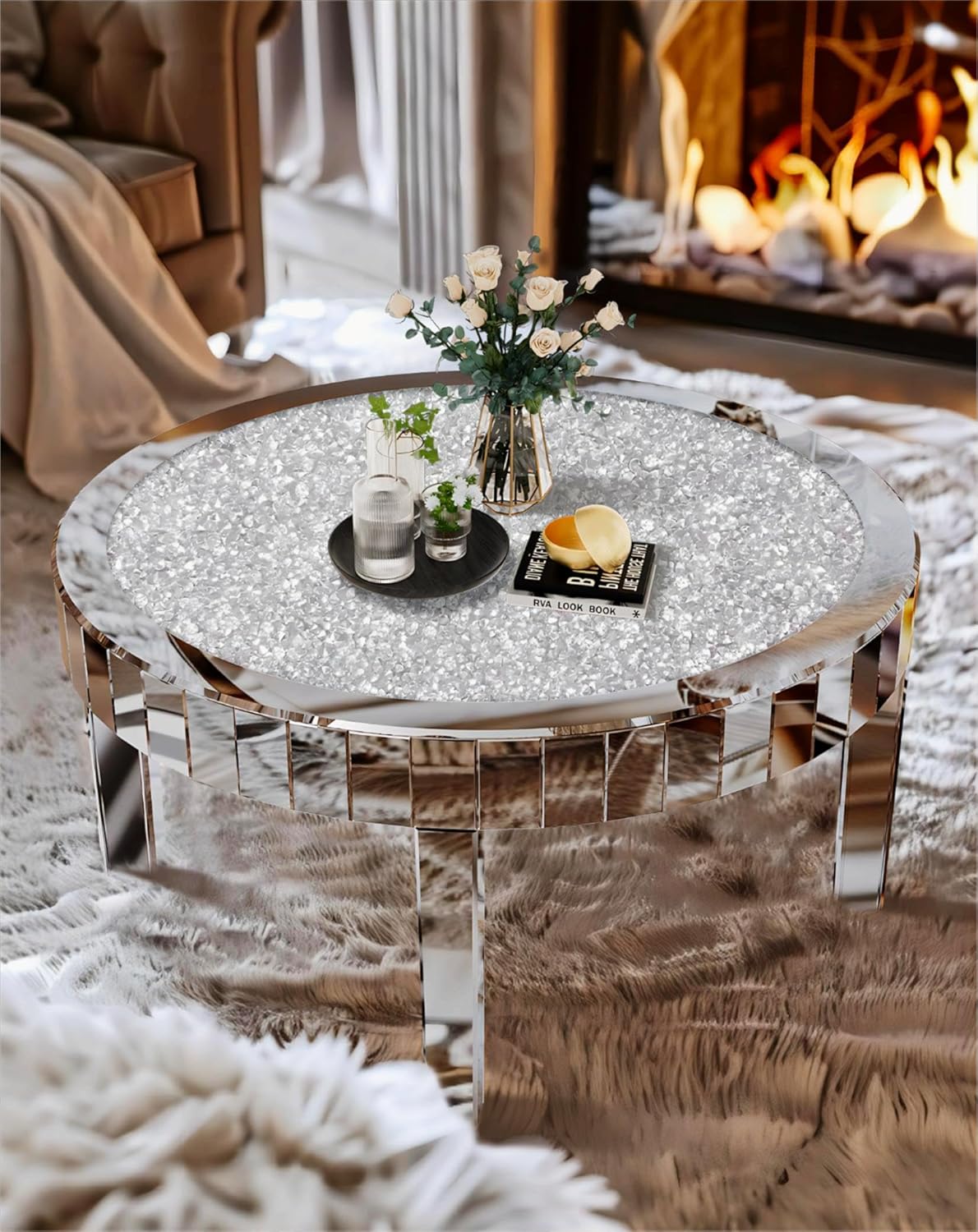 Round Mirrored Coffee Table: 31.5 inches Large Decorative Bling Crushed Diamond Tabletop with Silver Mirror Crystal Edge Frame and Legs Luxury Modern Home Decor for Livingroom