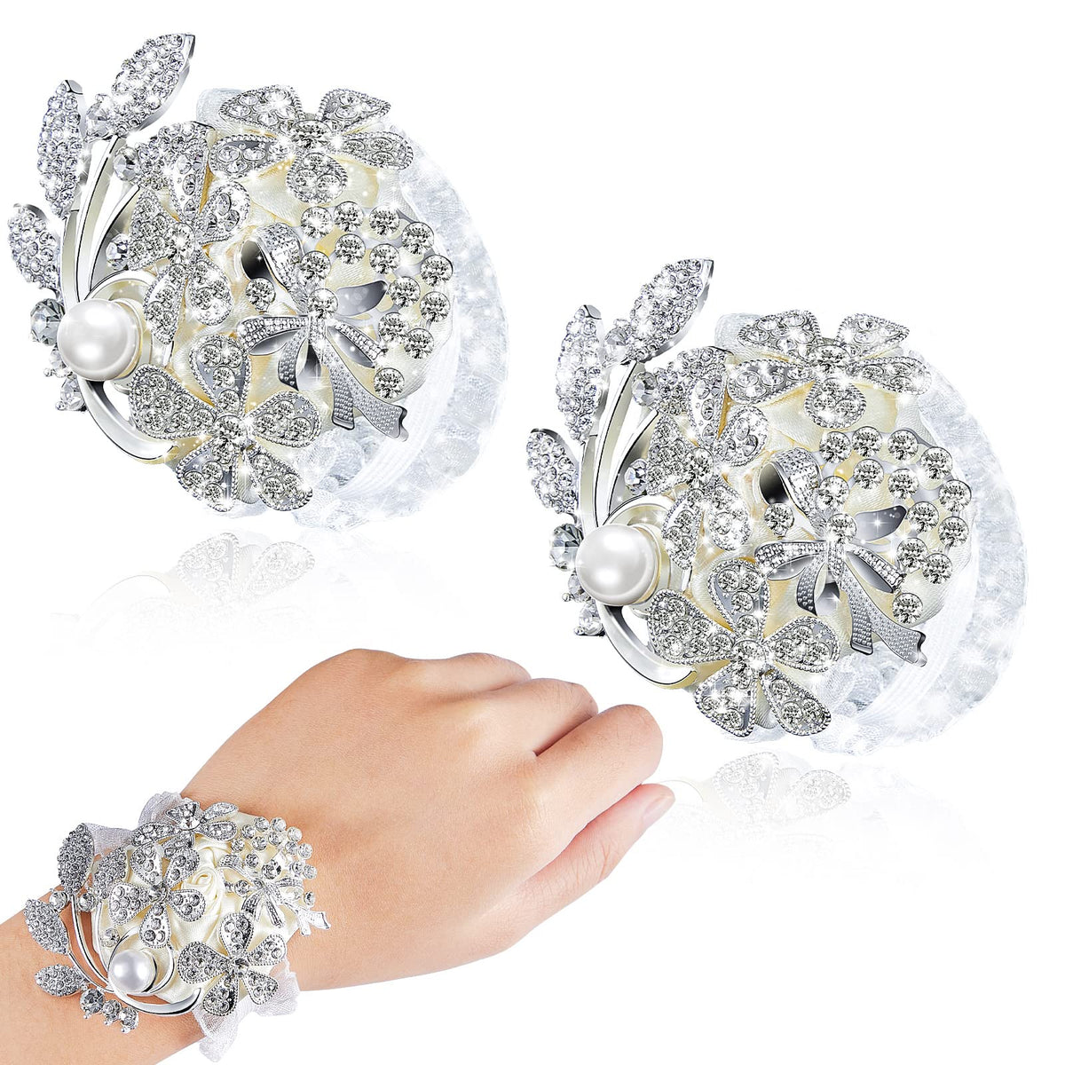 MTLEE 2 Pieces Rhinestone Wrist Corsage Wedding Corsage Wristlet Bracelet Silk Wrist Flower with Peal and Diamond for Wedding Bridesmaid Bridal Shower Prom Party(Silver Ivory)