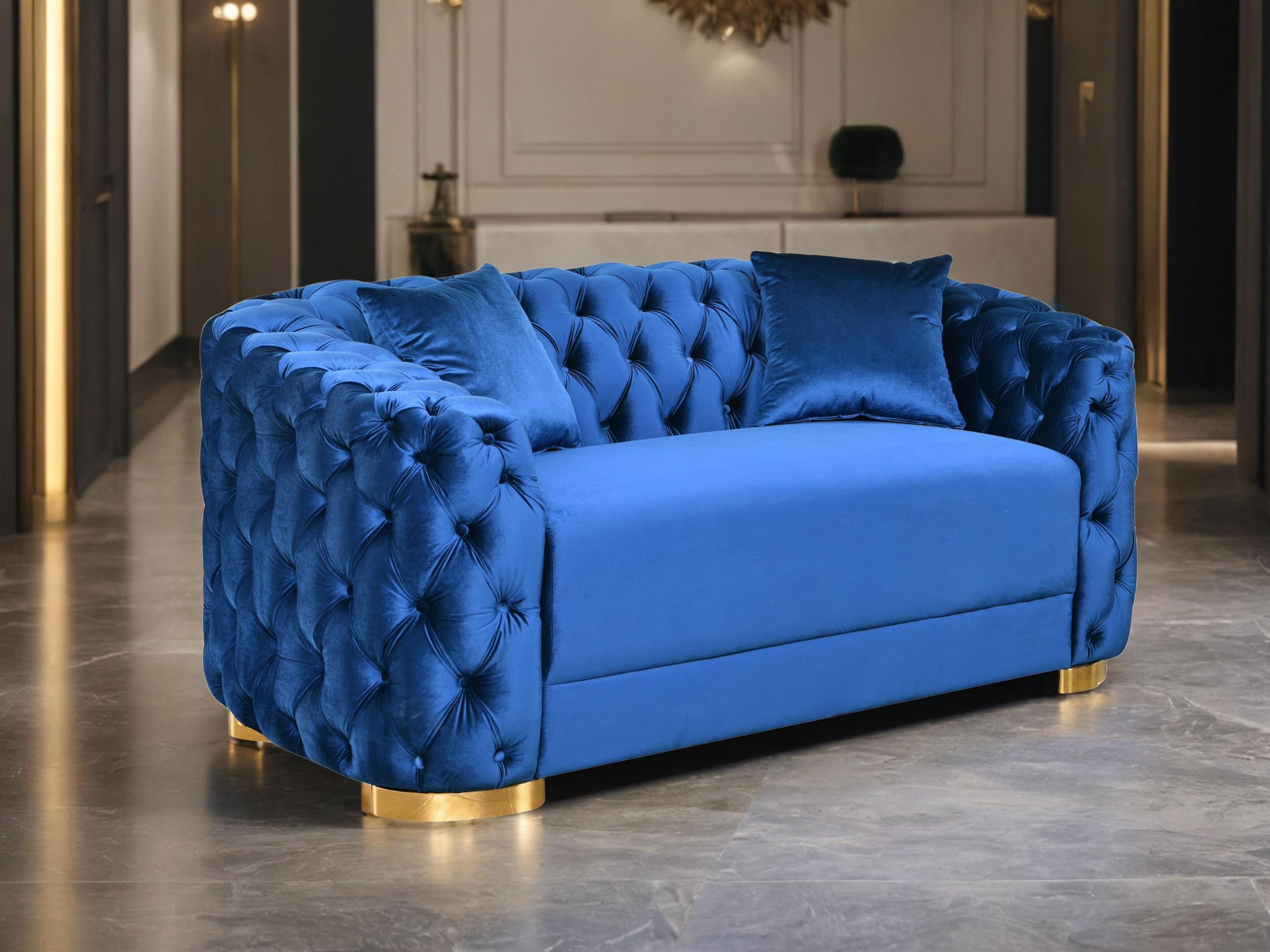 THSUPER 89'' Luxury Velvet Chesterfield Couch, 3 Seater Vintage Button Tufted Victorian Sofa with Wide Armrest, Grey Modern Sofas with 2 Pillows and Gold Metal Legs for Living Room,Office, Hotel