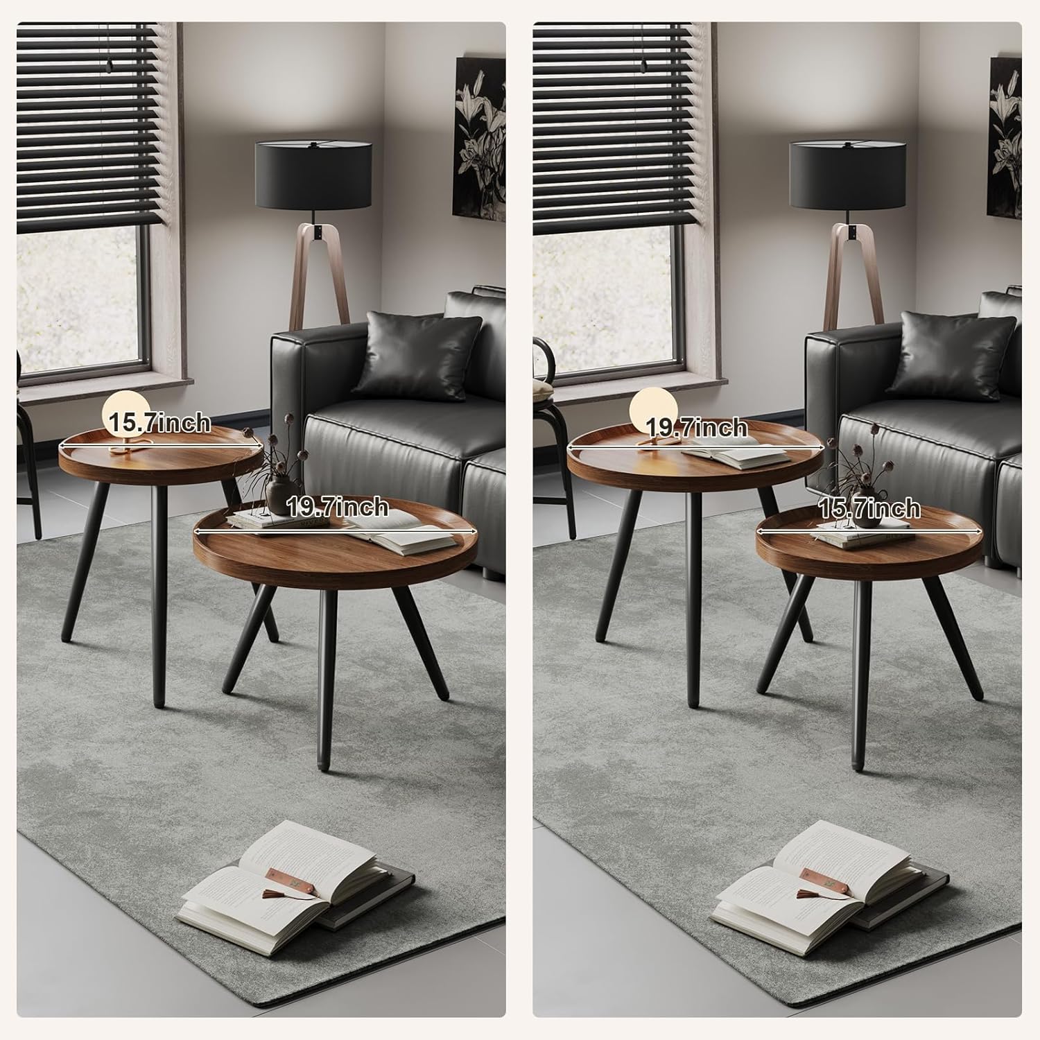 Small Round Coffee Table Set of 2, Walnut Coffee Tables for Living Room, Mid Century Modern Nesting Coffee Table, Wood Circle Center Tables, Black Wooden Side End Table, mesa de Centro para sala