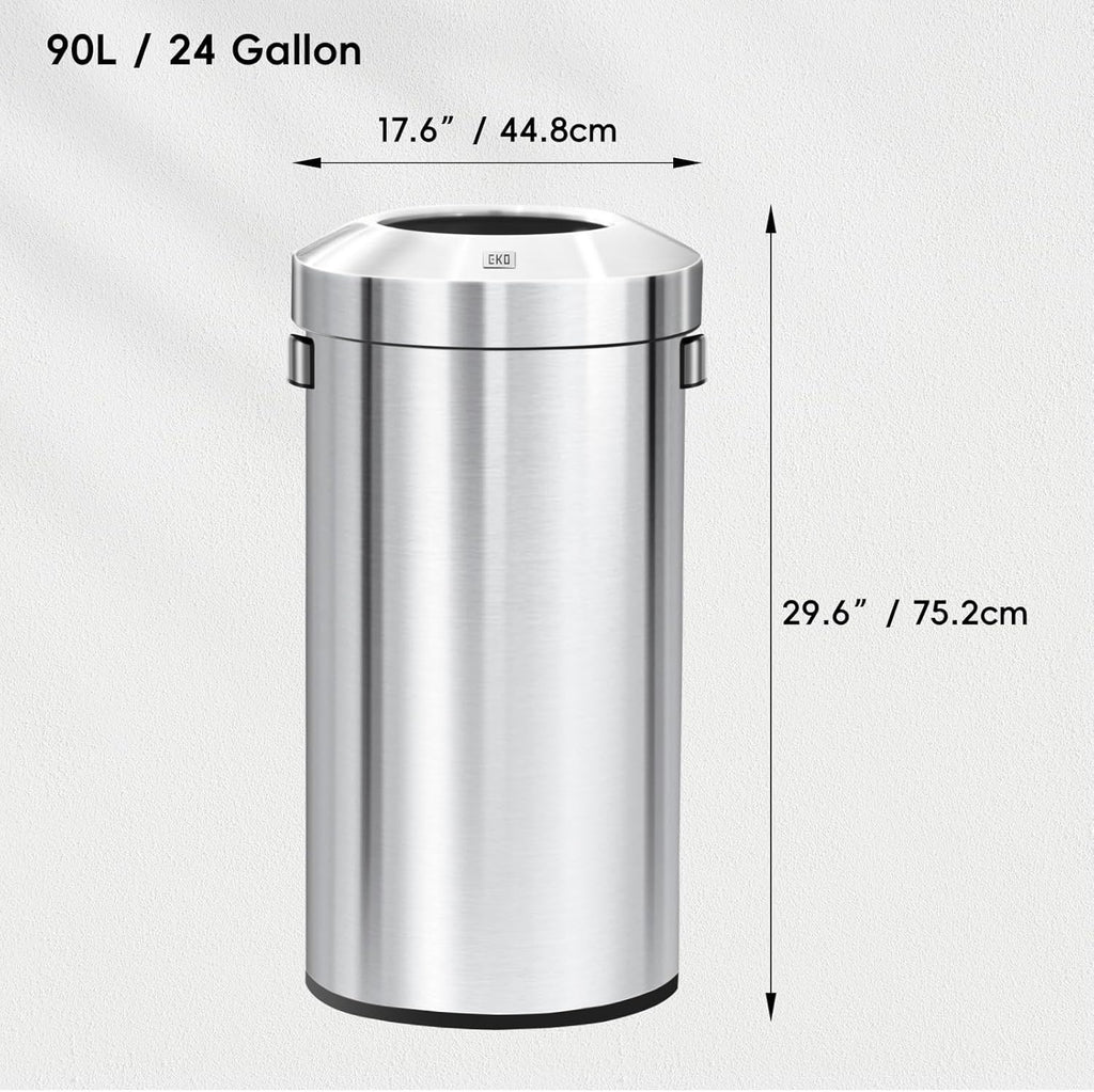 EKO Urban 24 Gallon Round Stainless Steel Open Top Waste Bin, Tall Commercial Trash Can for Indoor/Outdoor, Extra Large Metal Garbage Bin for Office, Restaurant, Restroom, 90L