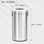 EKO Urban 24 Gallon Round Stainless Steel Open Top Waste Bin, Tall Commercial Trash Can for Indoor/Outdoor, Extra Large Metal Garbage Bin for Office, Restaurant, Restroom, 90L