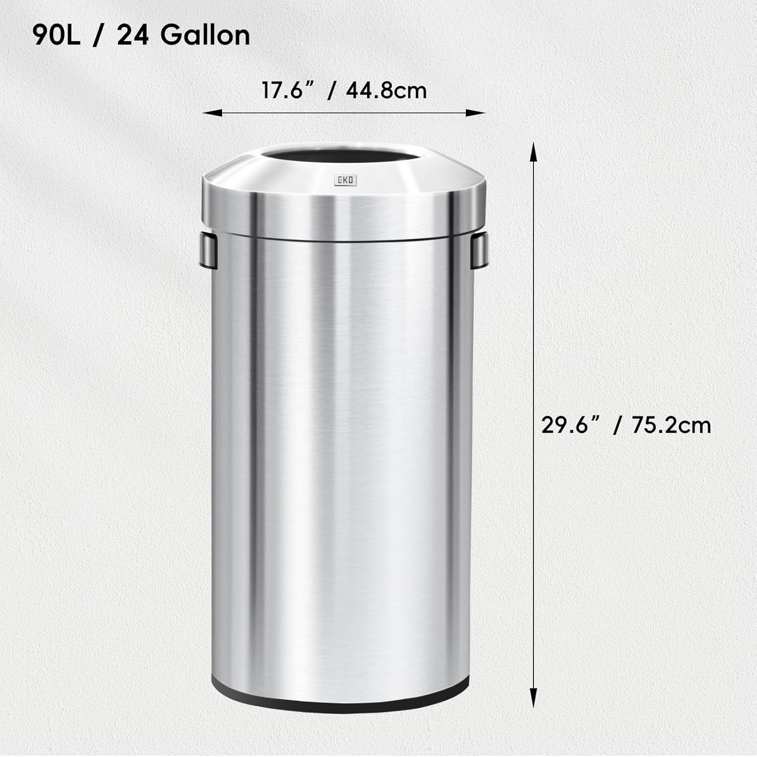 EKO Urban 24 Gallon Round Stainless Steel Open Top Waste Bin, Tall Commercial Trash Can for Indoor/Outdoor, Extra Large Metal Garbage Bin for Office, Restaurant, Restroom, 90L