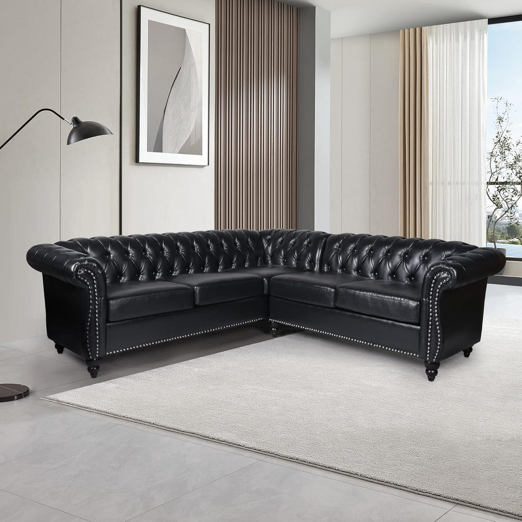 L Shaped Small Sectional Sofa, Chesterfield Leather Couch Tufted Accent Sofa with Scroll Arms and Nailhead for Living Room, Office