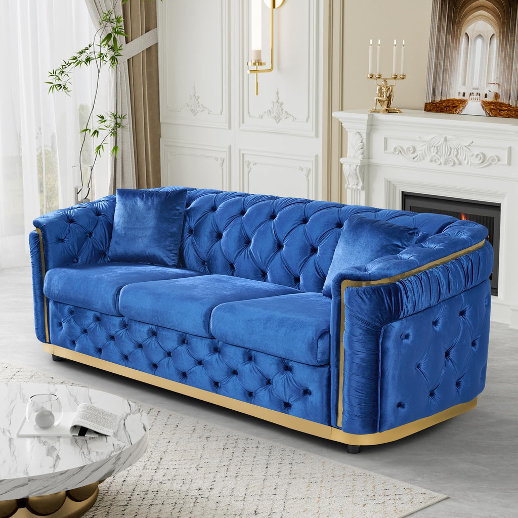 Mid Century Modern Chesterfield Sofa Couch, 90.6" Velvet Couch Black and Gold Sofa Luxury Loveseat for Living Room, Tufted Sofas with 2 Pillows & Classic Golden Decor, Jet Black