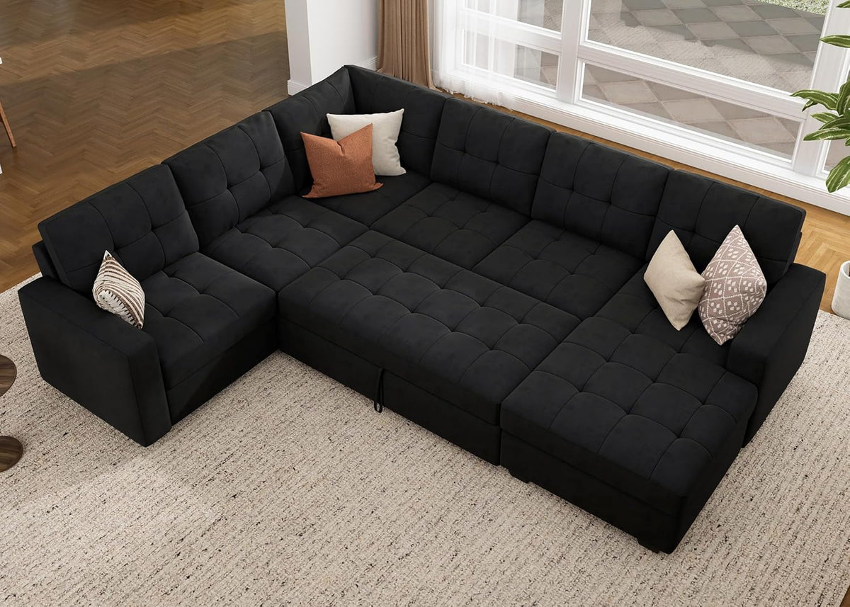 HONBAY Sectional Sleeper Sofa with Pull Out Bed, Sleeper Sectional Couch for Living Room, Sofa Bed with Storage Chaise, Velvet Black