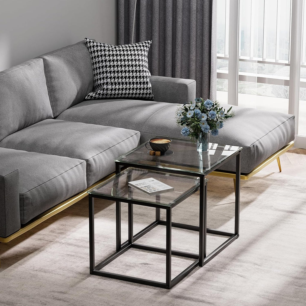VILAWLENCE Coffee Table Set of 2, Modern Black Glass Side Table, Metal Frame Square End Table, Center Tables,Nesting Coffee Table for Living Room,Bedroom and Small Spaces