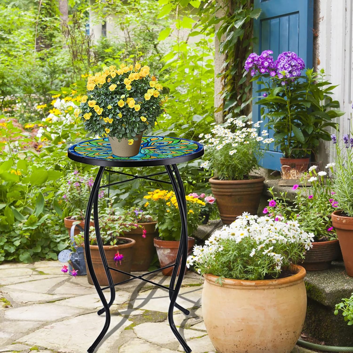 VCUTEKA Patio Side Table Outdoor Accent Table Bistro Coffee Table Plant End Table Small Porch Table Indoor Round Glass Balcony Plant Table Stands Peacock