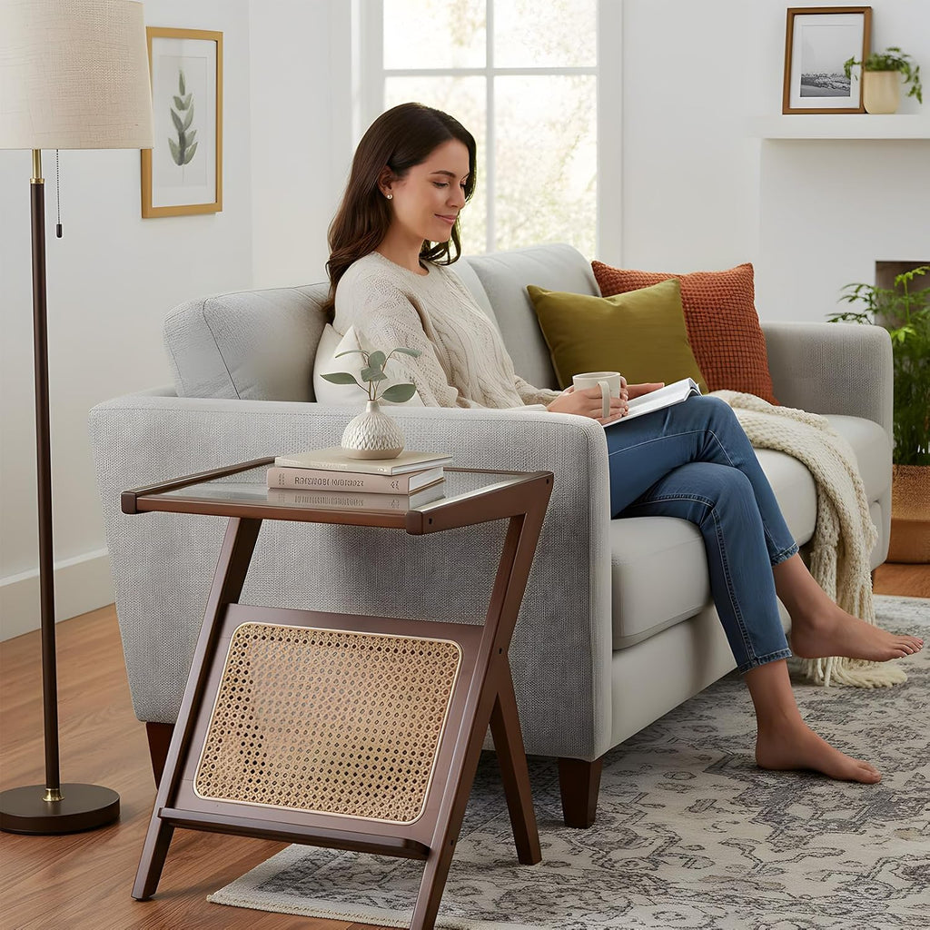 Tiita Rattan Side Table, Mid Century Nightstand, Bamboo Accent Bedside Tables, Glass Coffee Tables, Boho Wooden End Table with Storage for Small Space, Living Room and Bedroom