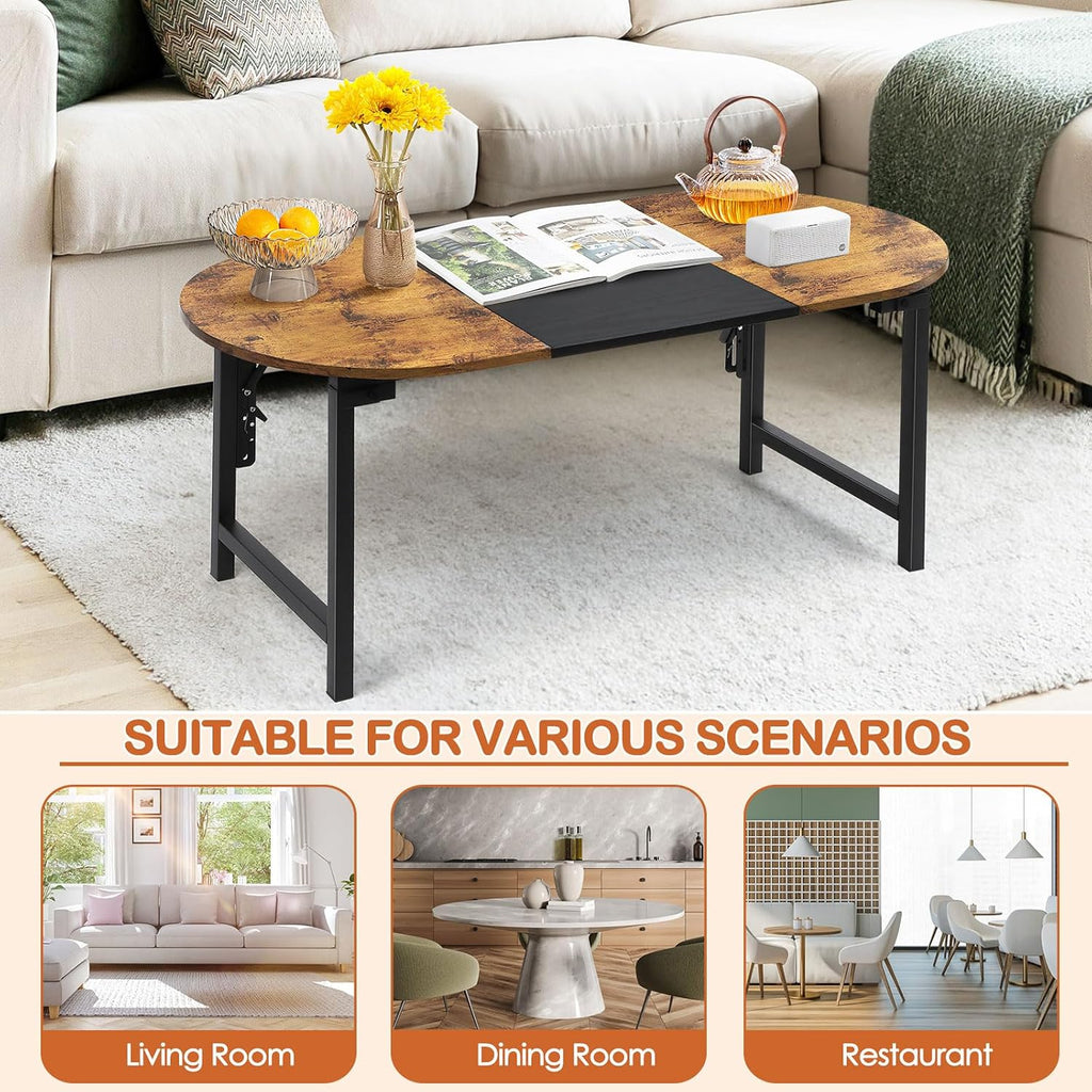 Shinoske Folding Coffee Tables for Small Spaces,35.4" Small Coffee Tables for Living Room,Dorm,Apartment,Space Saving,Rustic Oval Cocktail Tea Table,Easy to Fold,Brown and Black