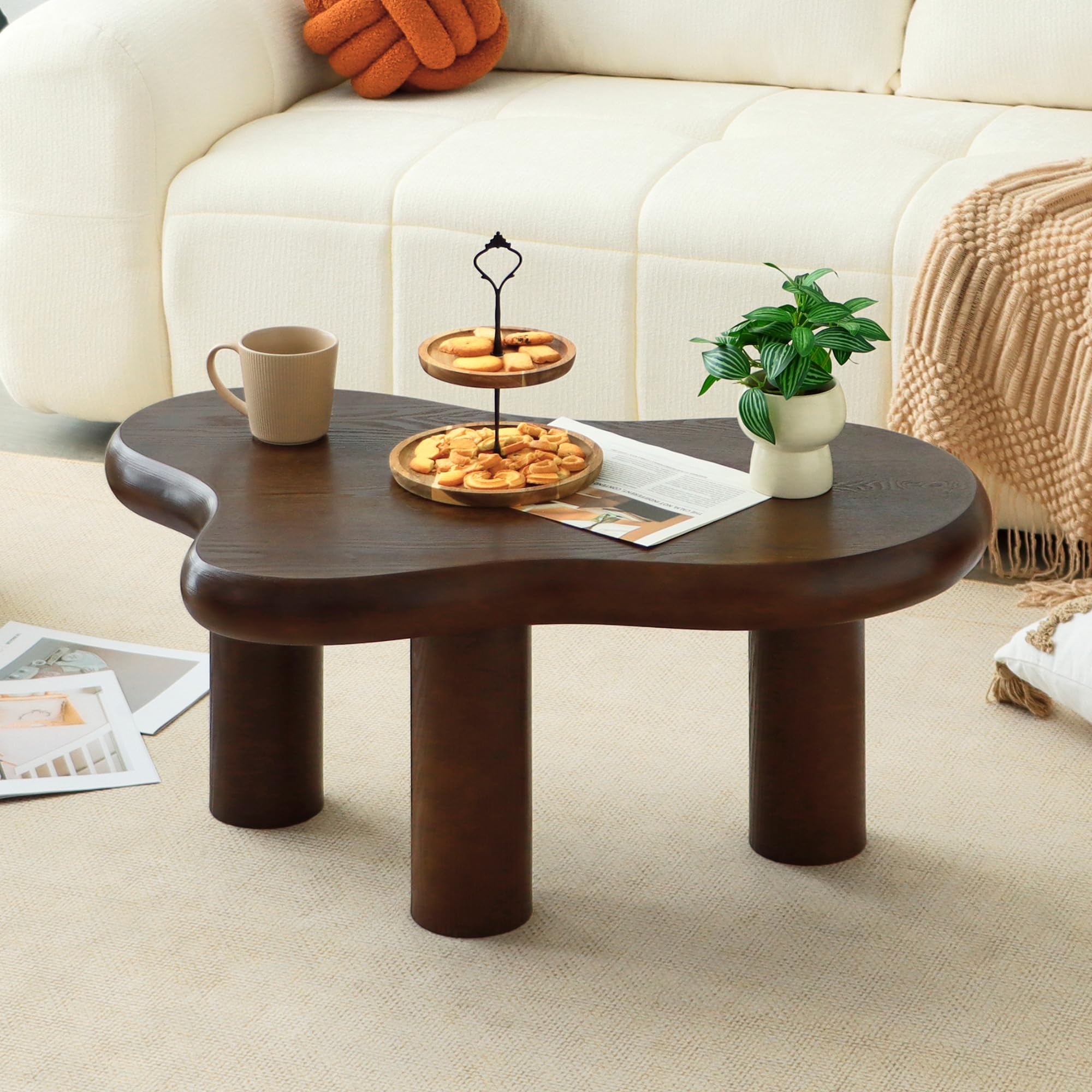 34"(L) Cloud Coffee Table, Modern Wood Coffee Table for Living Room, Accent Unique Center Tables with 3 Legs, Small Tea Tables for Balcony, Patio, Bedroom, Cream White