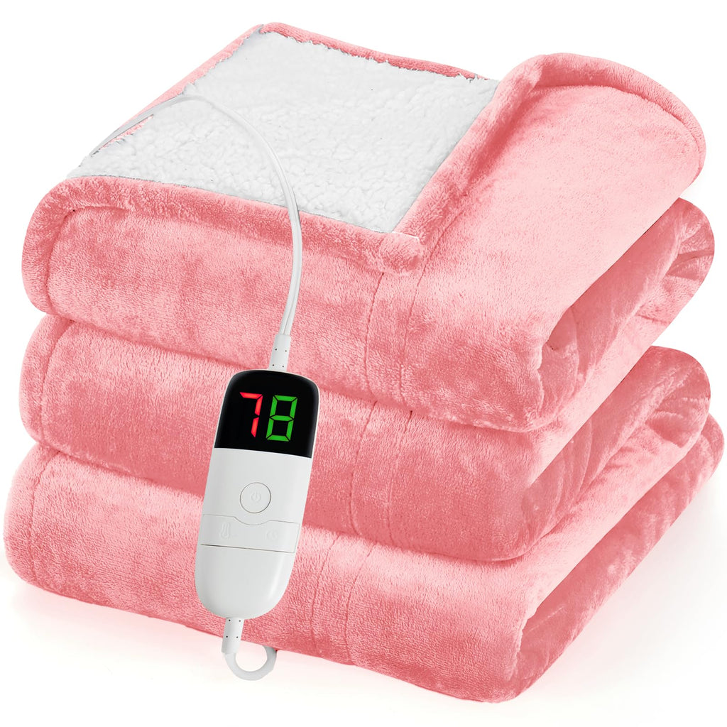 greenoak Heated Blanket Electric Throw 50"X60", Heating Blanket with 10 Heat Levels 1/2/4/6/8 Hours Auto-Off Overheat Protection, Flannel Sherpa Soft Warm Heater, ETL Certified Coral Pink