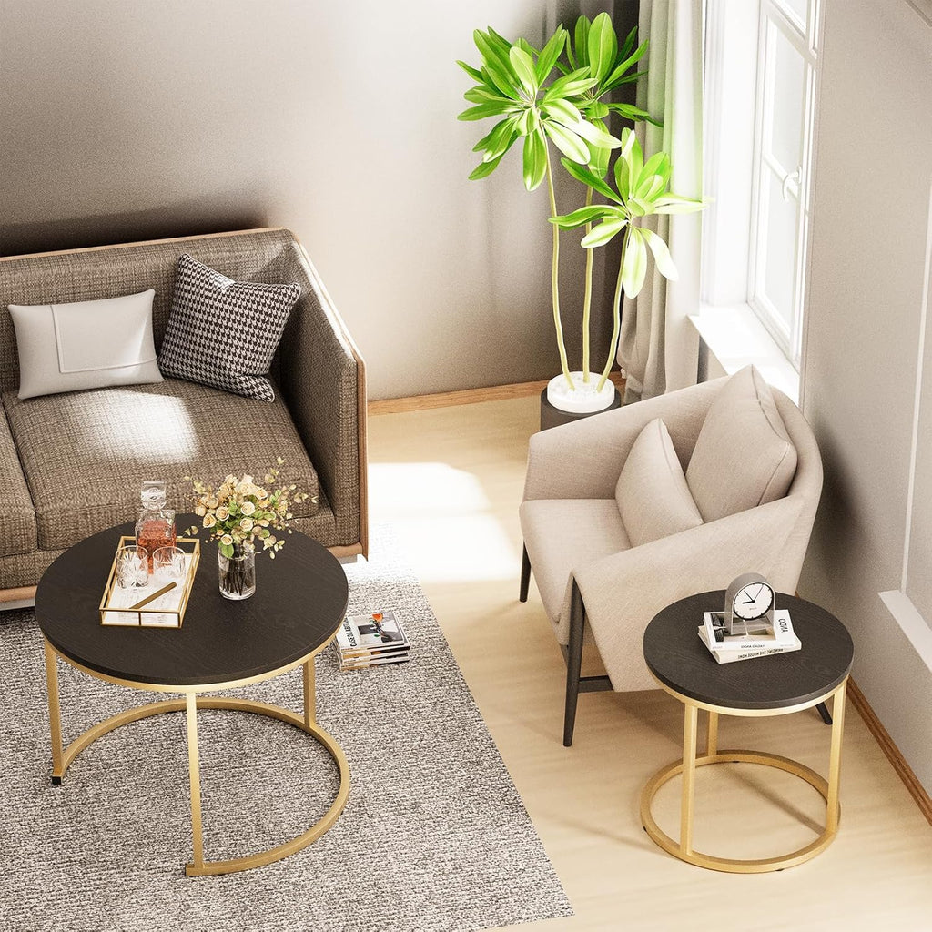 VILAWLENCE Coffee Table Nesting Set of 2 Round End Table Accent Side Stacking Tables Black Wood with Sturdy Metal Frame, Modern Living Room Table Sets Industrial Nightstand