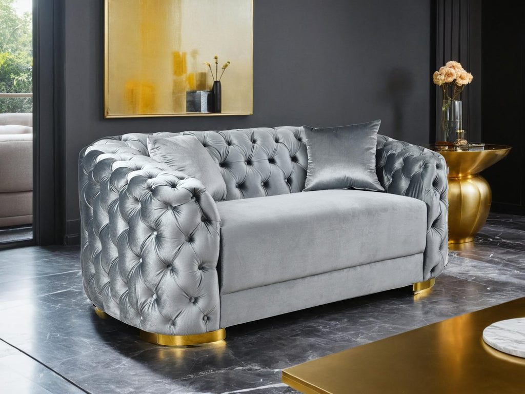 THSUPER 89'' Luxury Velvet Chesterfield Couch, 3 Seater Vintage Button Tufted Victorian Sofa with Wide Armrest, Grey Modern Sofas with 2 Pillows and Gold Metal Legs for Living Room,Office, Hotel