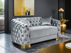THSUPER 89'' Luxury Velvet Chesterfield Couch, 3 Seater Vintage Button Tufted Victorian Sofa with Wide Armrest, Grey Modern Sofas with 2 Pillows and Gold Metal Legs for Living Room,Office, Hotel