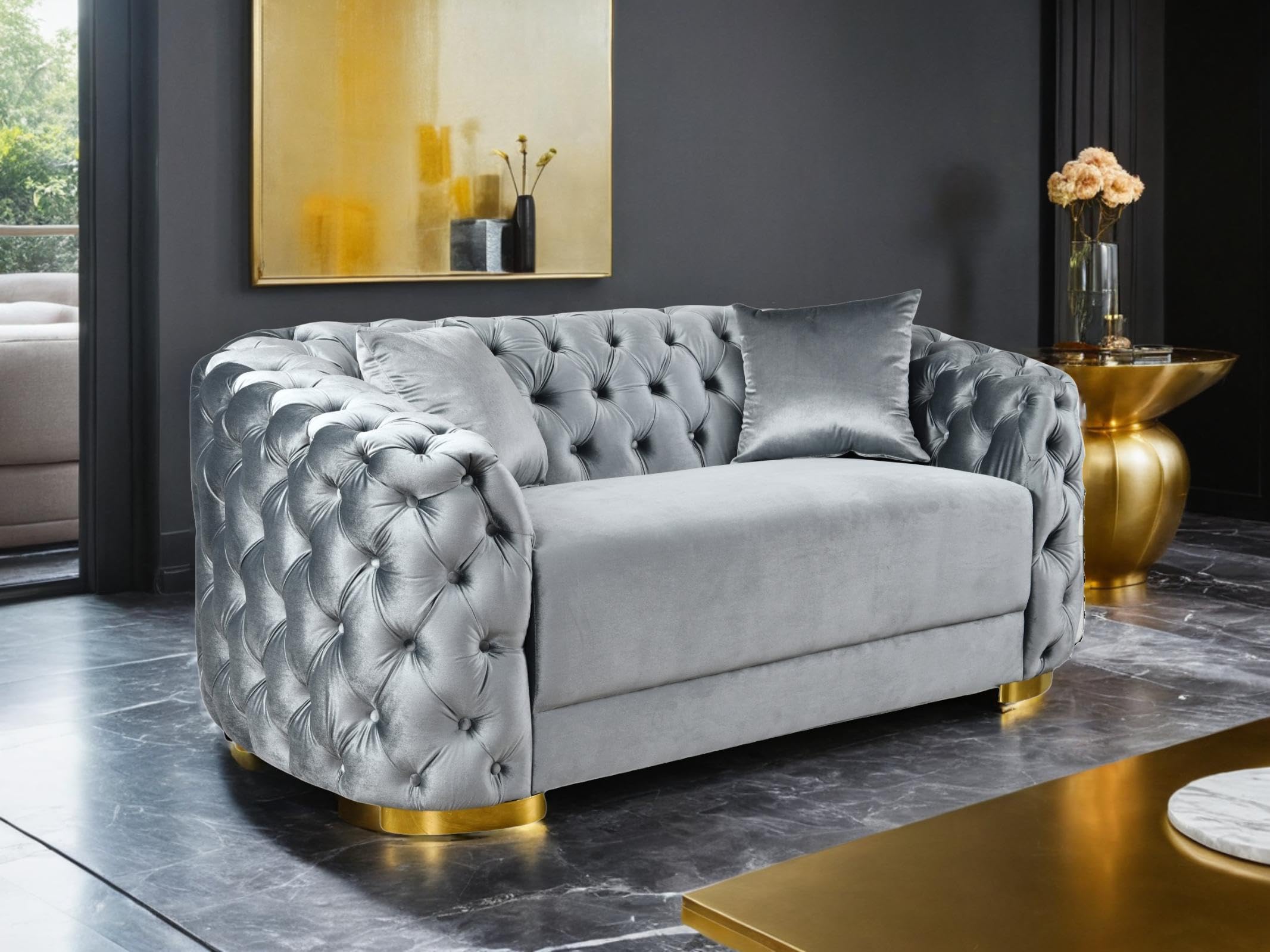 THSUPER 89'' Luxury Velvet Chesterfield Couch, 3 Seater Vintage Button Tufted Victorian Sofa with Wide Armrest, Grey Modern Sofas with 2 Pillows and Gold Metal Legs for Living Room,Office, Hotel