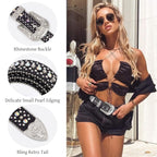 LALATCH Rhinestone Belt for Men Women, Cowboy Cowgirl Bling Western Diamond Leather for Jeans Pants, Silvery Rhinestone/Black