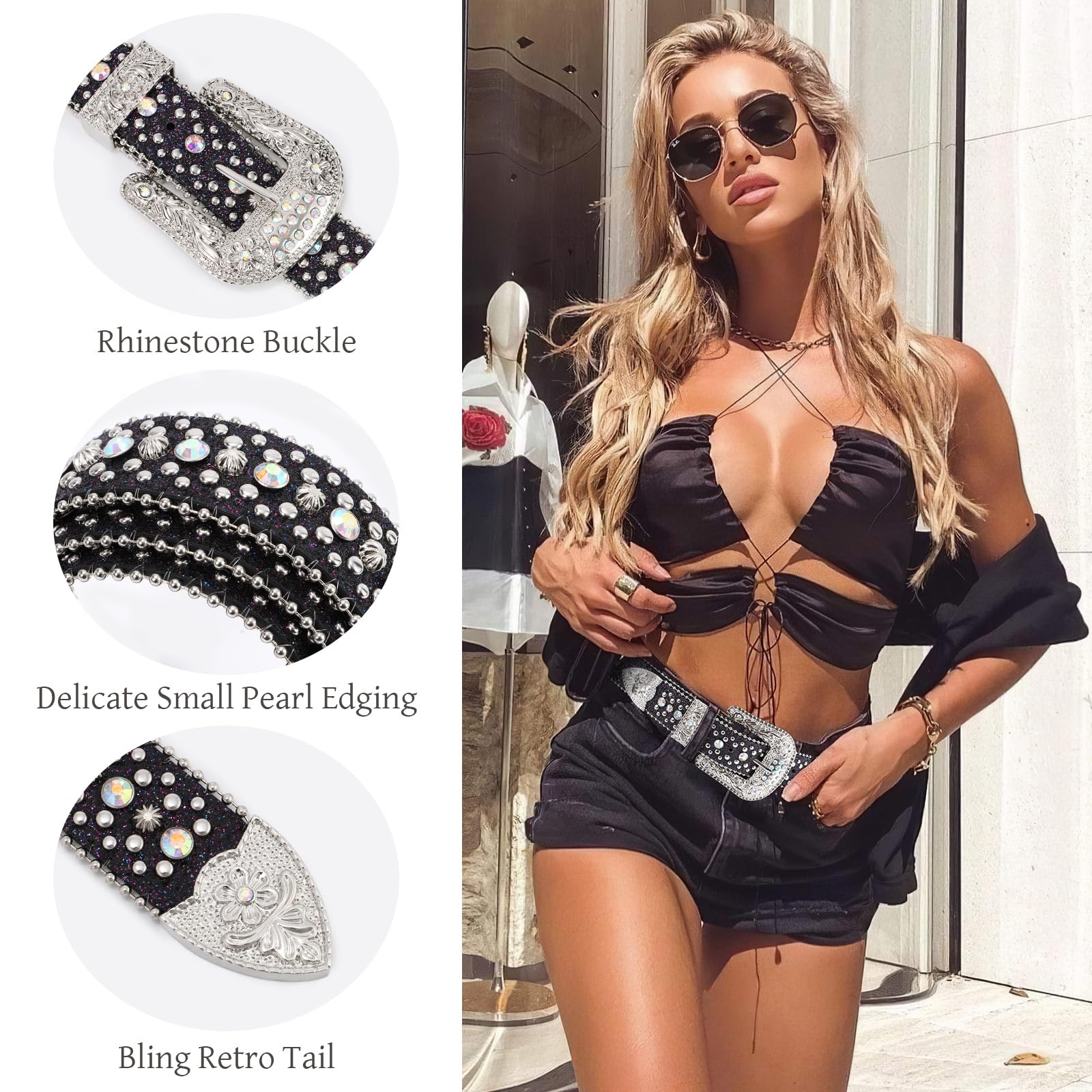 LALATCH Rhinestone Belt for Men Women, Cowboy Cowgirl Bling Western Diamond Leather for Jeans Pants, Silvery Rhinestone/Black