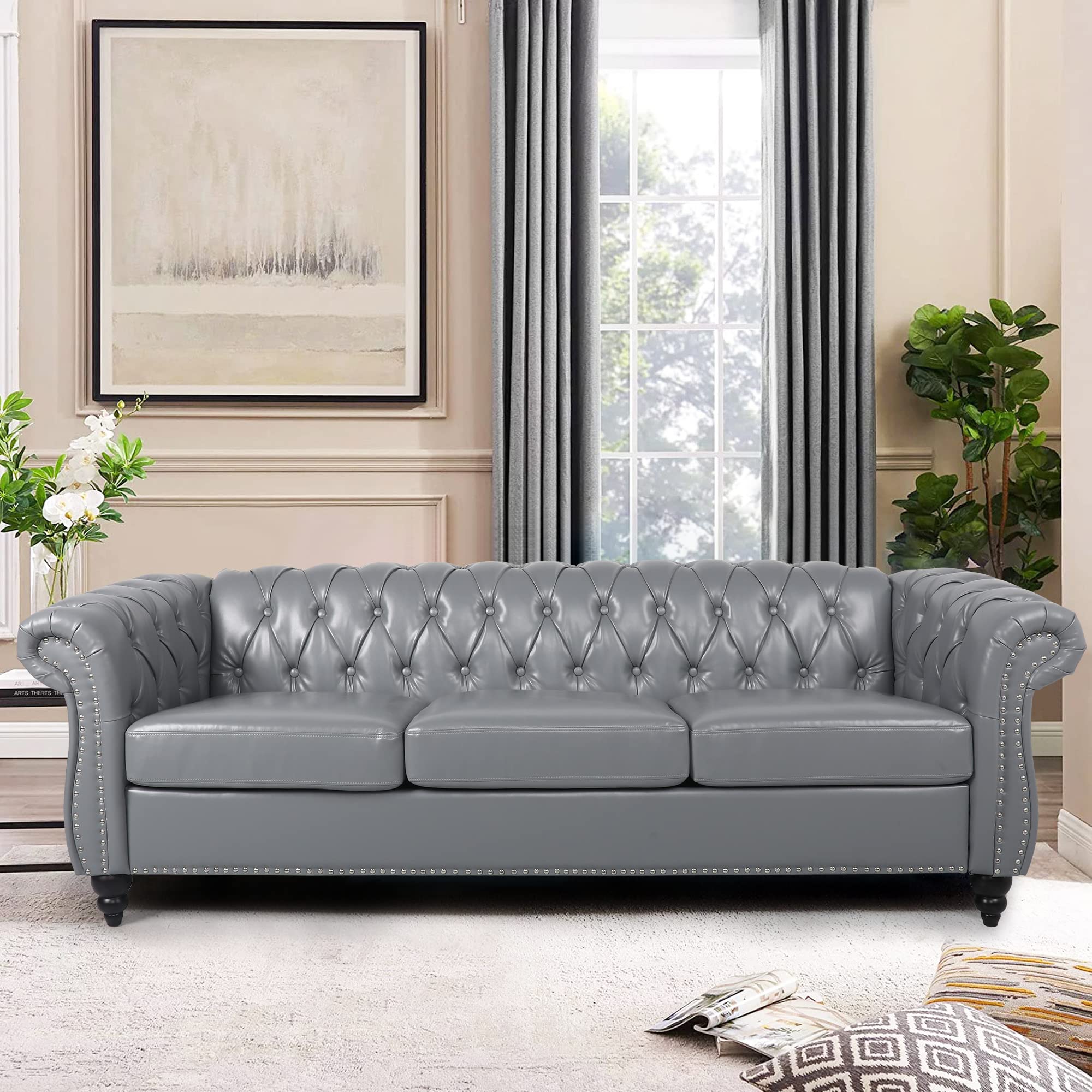 LEVNARY Chesterfield Sofa, Classic Tufted Upholstered Leather Couch, Modern 3 Seater Couch Furniture with Tufted Back for Living Room Office (Black)