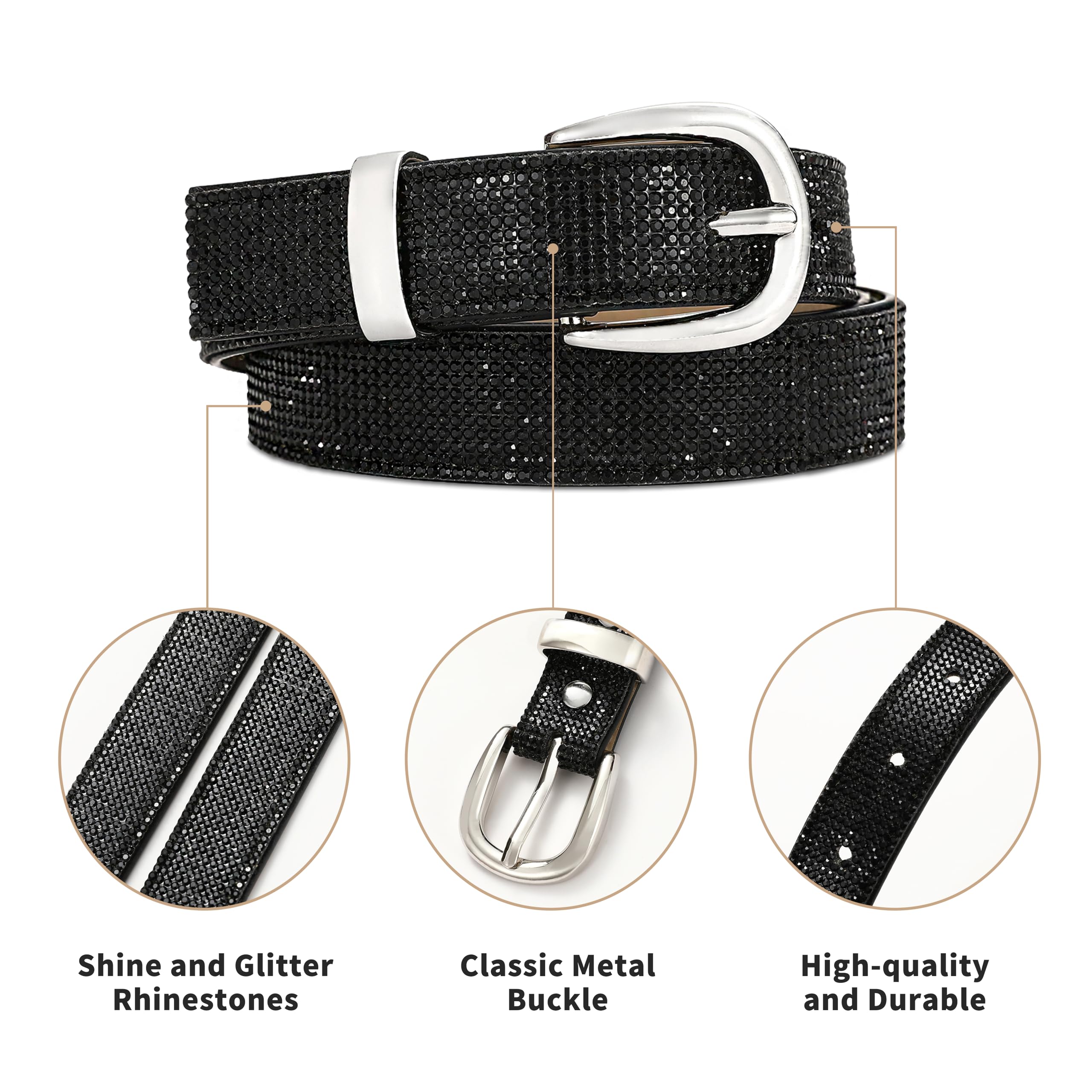 RISANTRY Rhinestone Belt for Women, Black Sparkly Diamond Belts for Womens Dresses, Ladies Glitter Belts for Jeans