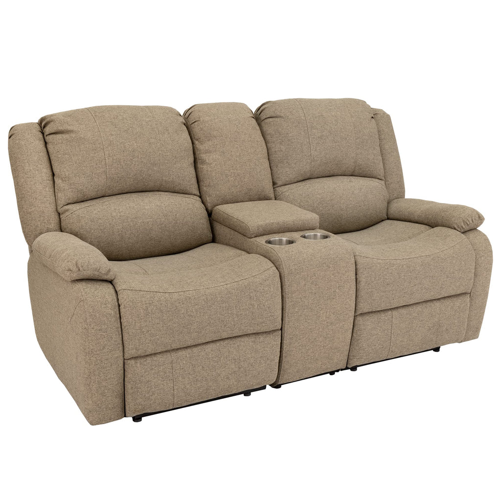RecPro Charles 67" Double Recliner RV Sofa with Console and Cupholders | Zero Wall Loveseat for Camper | Wall Hugger Couch | Fifth Wheel Theater Seating | Replacement RV Furniture | Oatmeal Cloth