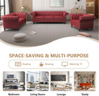 Chesterfield 3 Seater Sofa, Modern Leather Tufted Couch 3 Seater with Rolled Arms and Nailhead Mid-Century Upholstered Couch for Living Room, Bedroom, Apartment and Office, Claret