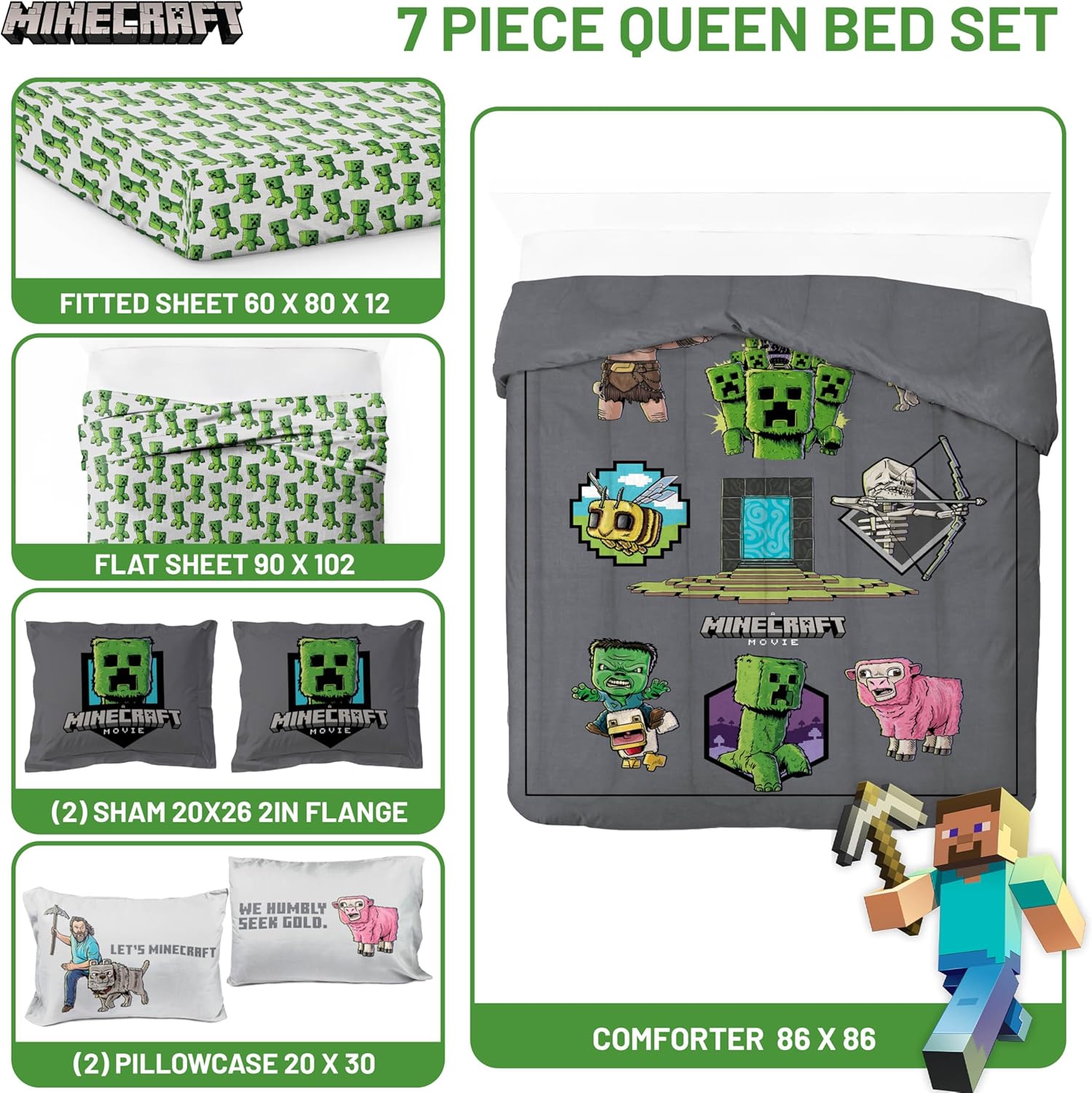Jay Franco Kids Comforter Set Includes Sheets and Pillow Covers - Soft and Cozy Bed Set for Stylish Room Decor, Grey - Minecraft Movie, 7 Piece Queen Size Bedding